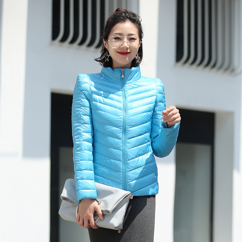 千仞岗秋冬季羽绒服女装 轻薄修身立领纯色女士外套保暖反季20052 160/S 湖蓝色