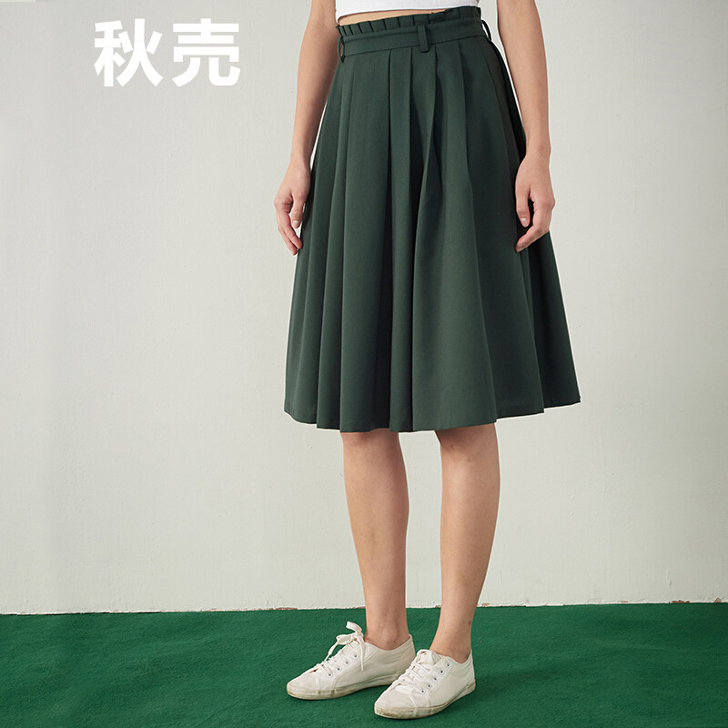 秋壳夏装新款复古多褶大摆裙半身中裙 S 祖母绿