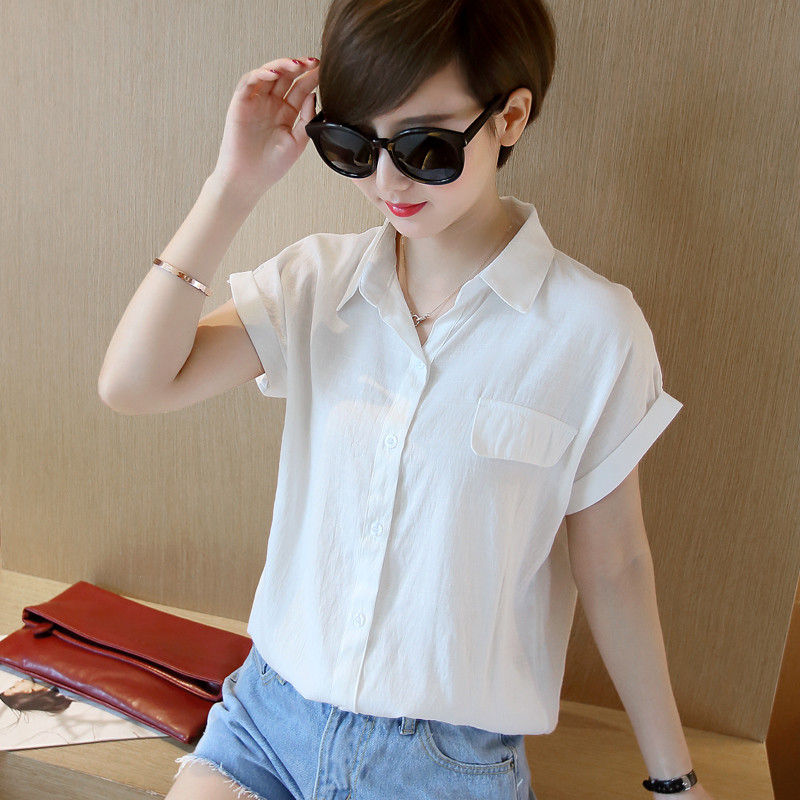 2017夏季韩版棉麻衬衫女显瘦百搭翻领亚麻衬衣短袖女装宽松上衣潮 2XL 白色