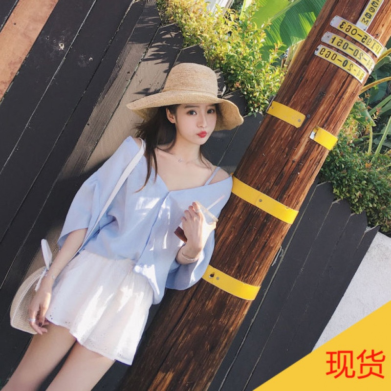 828新款美美的夏夏夏装新品一字领吊带衬衫女夏百搭休闲显瘦上衣女装