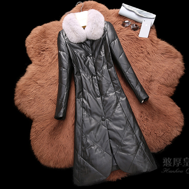 憨厚皇后 真皮羽绒服女长款新款海宁狐狸毛绵羊皮衣外套 AR XXXL 黑色灰毛领