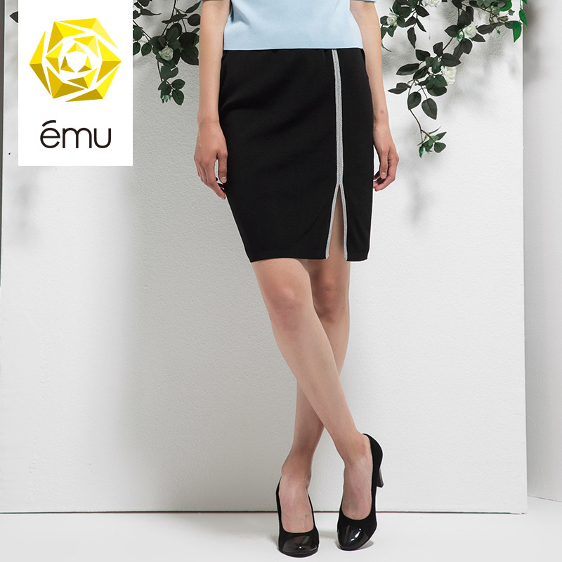 emu/依妙黄玫瑰新款秋季休闲半身裙前幅拼接开叉针织半裙包臀裙女