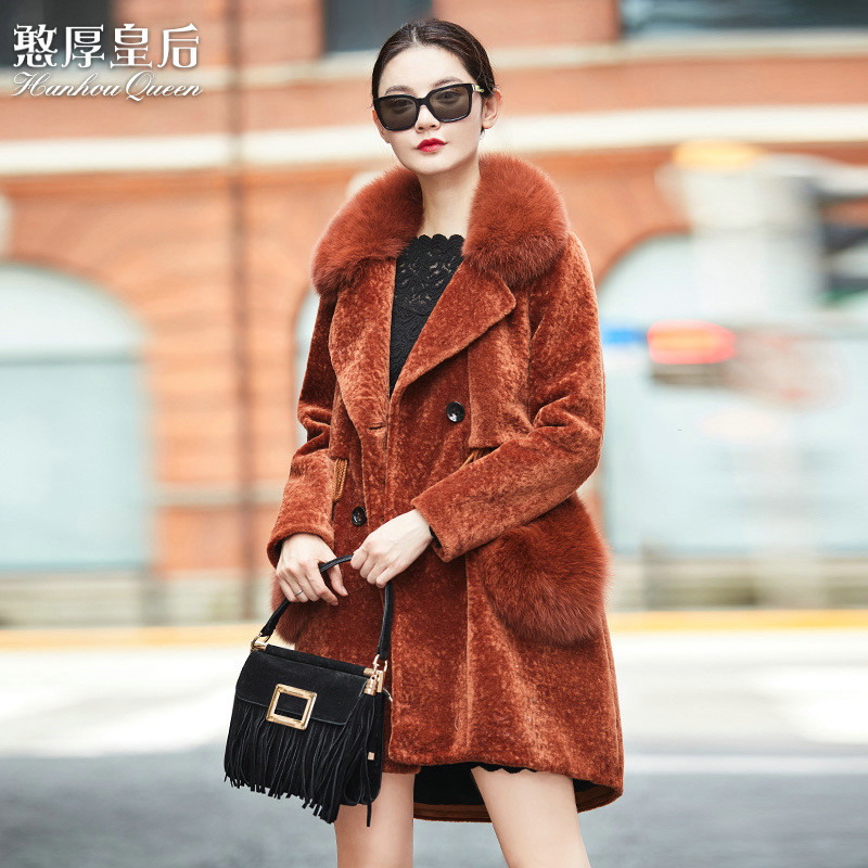 憨厚皇后秋冬新款海宁羊毛羊剪绒大衣长款狐狸毛皮草外套女WW XXL 棕色