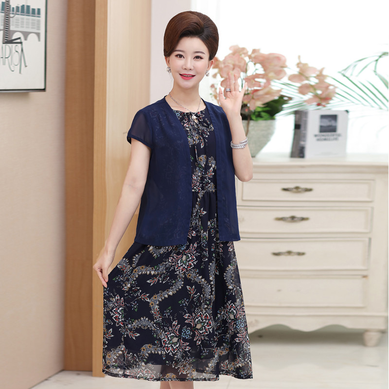 828新款妈妈夏装连衣裙中年女装40-50岁中老年人雪纺长裙夏季新款潮典雅 2XL(建议110-125） 款1藏青色