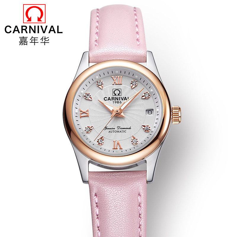 瑞士嘉年华CARNIVAL手表 新款全自动机械表 女士日历夜光防水女表休闲时尚商务手表金属精钢表带品牌女神表183-女款 玫金白面粉皮