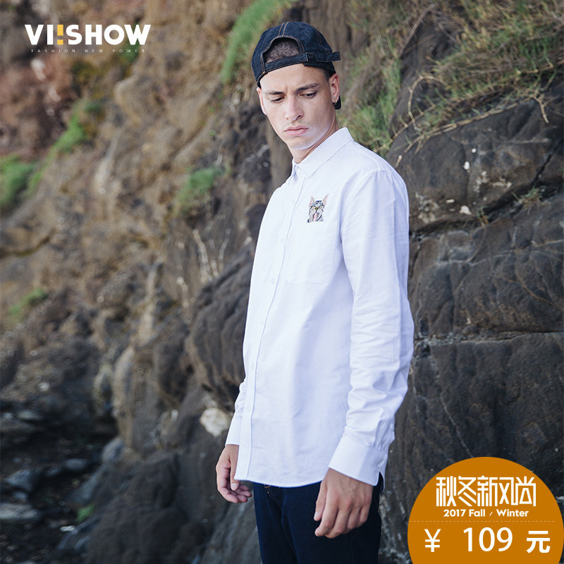 VIISHOW2017秋装新品休闲长袖衬衫男萌猫刺绣图案男士白衬衣潮