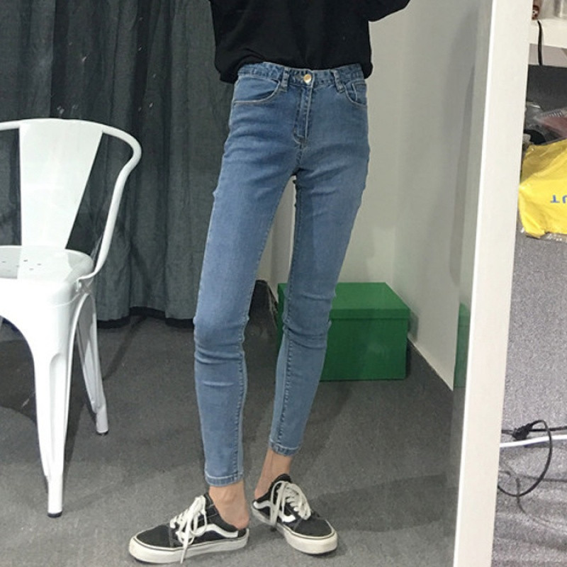 秋装女装新款韩版百搭修身牛仔裤高腰显瘦铅笔裤九分裤长裤小脚裤_1 L 浅蓝色