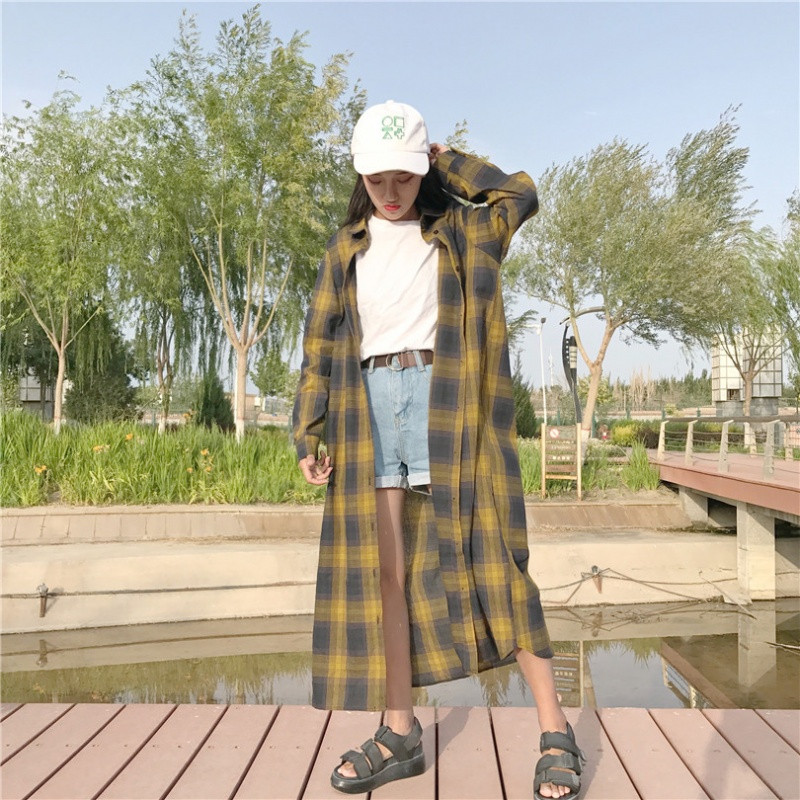 夏装女装韩版中长款长袖复古格子衬衫bf宽松休闲衬衣风衣防晒衣潮_1 均码 黄色