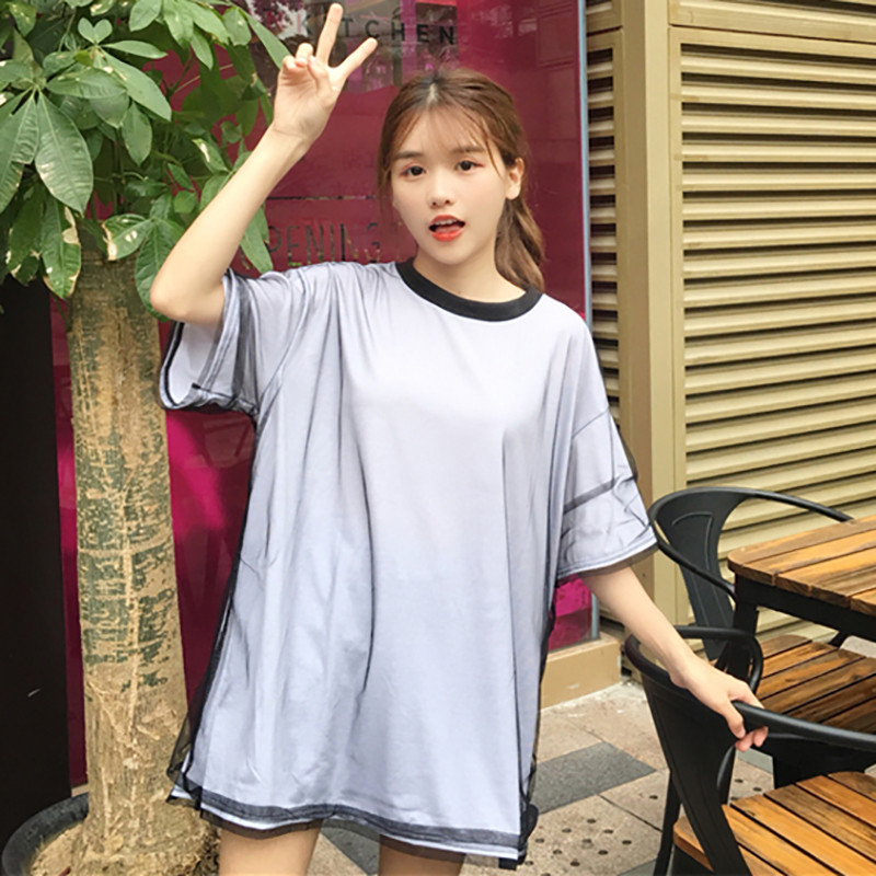 春夏女装韩版时尚双层网纱BF宽松短袖T恤中长款学生假两件上衣潮_2 均码 白色