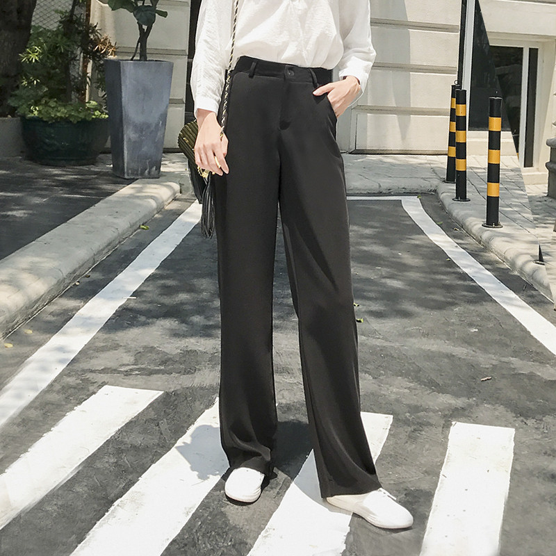 bw9新款秋季垂感长款高腰阔腿裤女显瘦直筒裤休闲裤加长腿拖地裤西装长裤 2XL 黑色