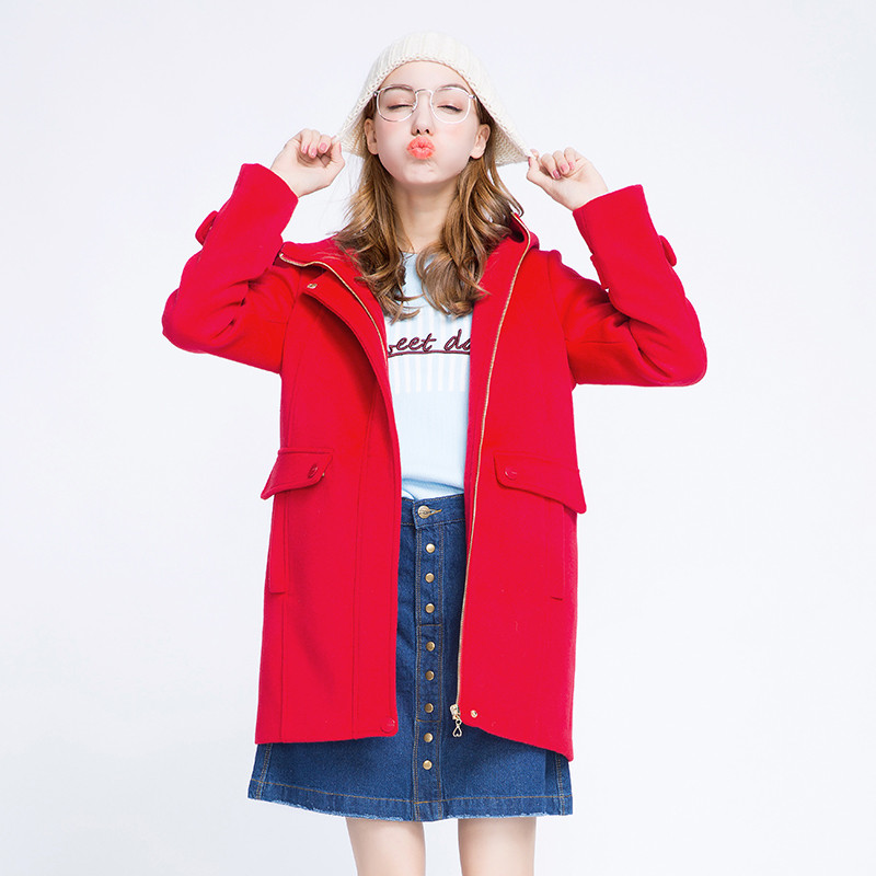 Lagogo2016冬新款红色女装纯色连帽毛呢大衣中长款外套FDDD23B254 160/M/38 红色（H4）