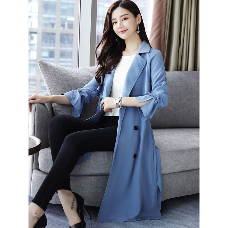 丝柏舍2018秋季新款纯色长袖外套中长款修身气质风衣 女S73R0070F 蓝色 S