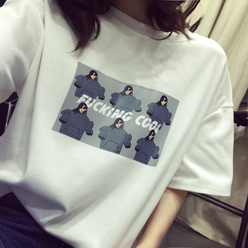 902新款夏装新款原宿bf风短袖T恤女韩版潮学生卡通半袖上衣服宽松体恤衫 L TX六只人白色