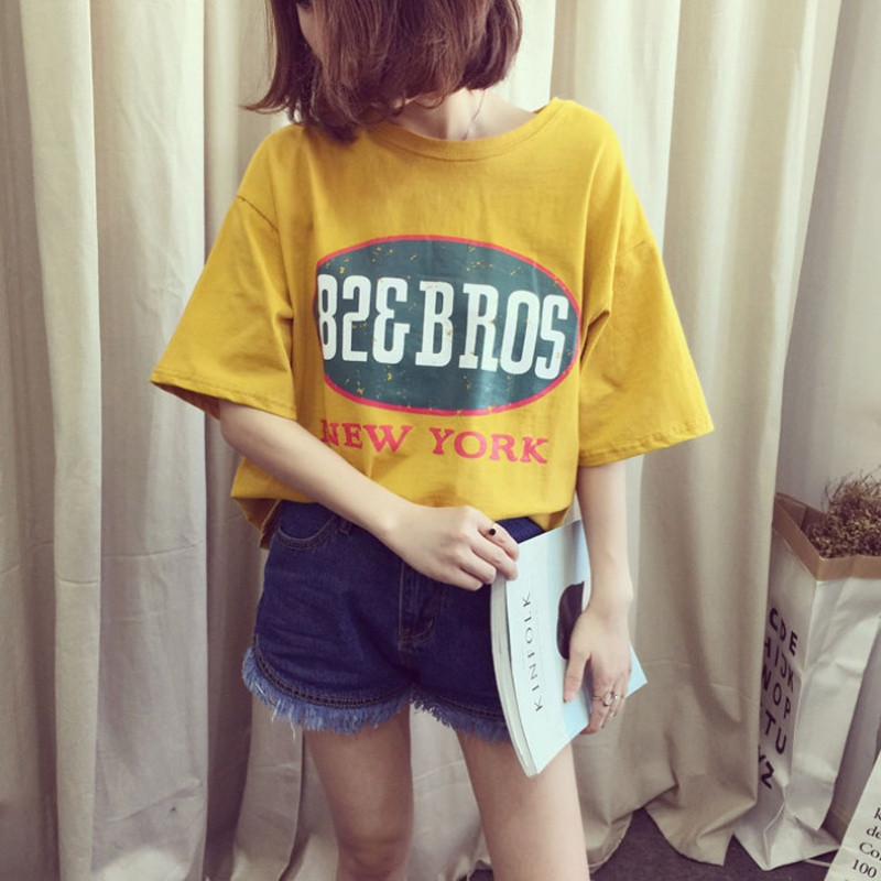 902新款夏装新款原宿bf风短袖T恤女韩版潮学生卡通半袖上衣服宽松体恤衫 XXL 黄色