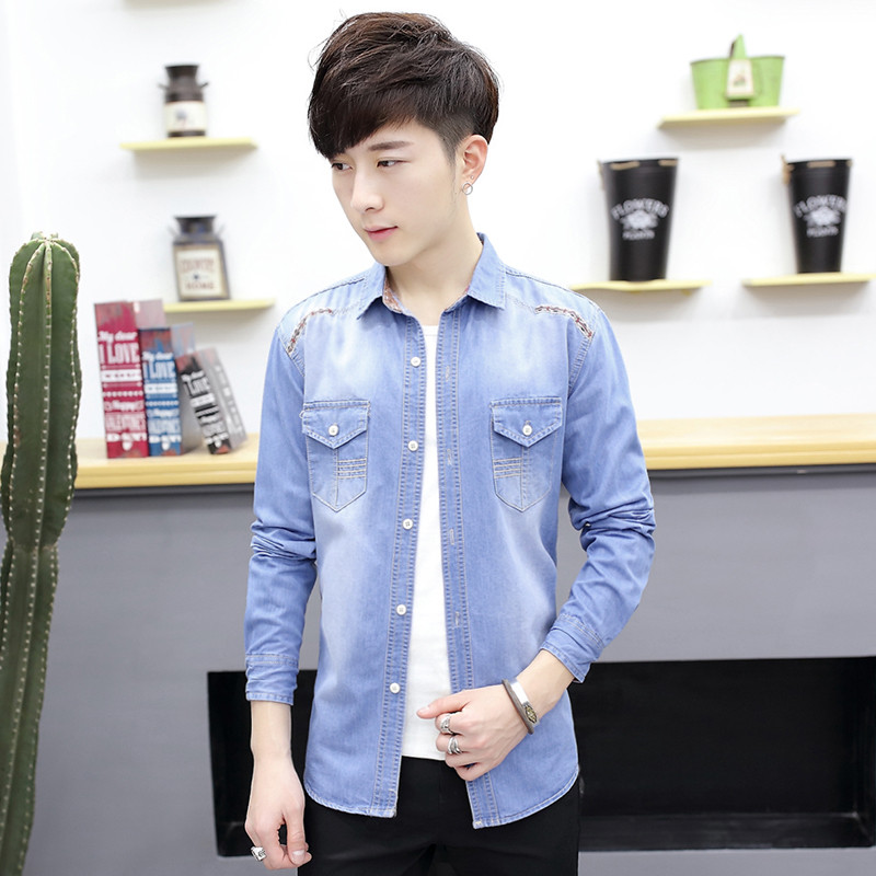 bw9新款青少年衬衫春夏韩版潮流初中高中生牛仔薄款衬衣外套学生长袖寸衫 185/3XL 738浅蓝