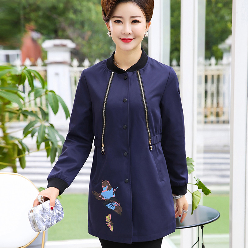 猫人(MiiOW)中老年女装妈妈装秋新款风衣夹克外套时尚花鸟图案拉链装饰40-49岁妇女装 XXXL 藏青