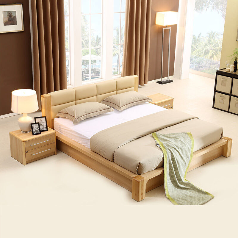 A家家具 简约现代实木床1.8米1.5北欧卧室成套家具软靠大床双人床 1.5米排骨架+床垫+床头柜