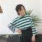 【新品首发】秋装新款韩版百搭条纹小清新刺绣喇叭袖T恤女宽松显瘦上衣打底衫 均码 绿条纹