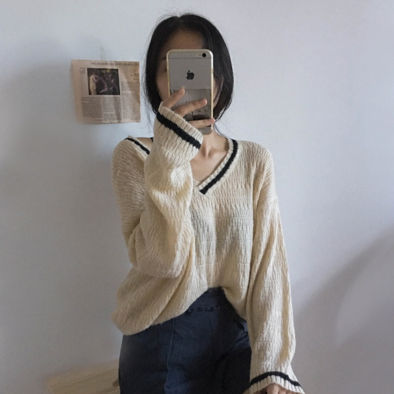 【新品首发】秋装新款韩版宽松显瘦海马毛v领撞色长袖百搭针织衫毛衣上衣女潮 均码 浅咖色