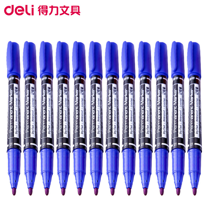 得力(deli)6824双头油性记号笔 蓝色 12支/盒 儿童绘画勾线笔 粗头细头标记马克笔 油性笔 水笔 笔类