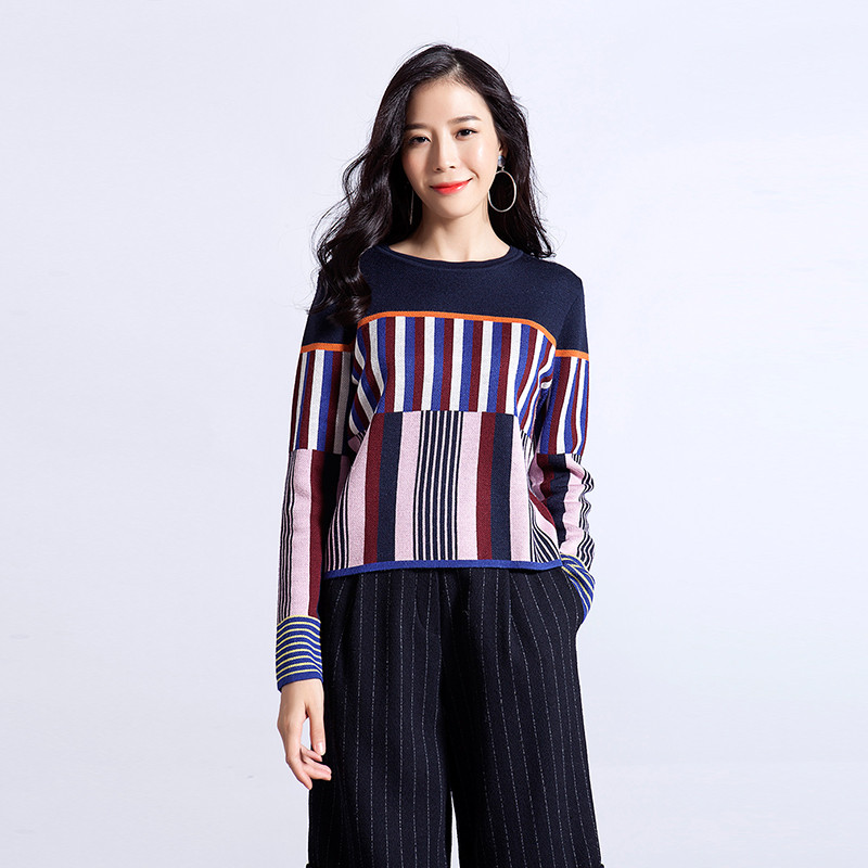 女装冬季圆领彩条纹针织毛衫 L 牛津红