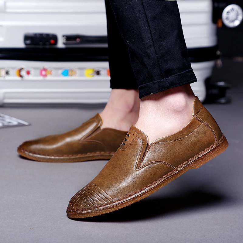 社会摇精神小伙鞋子韩式手工缝线皮鞋红色豆豆