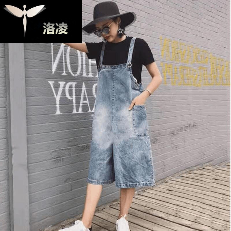 背带阔腿裤牛仔女韩版2017宽松腰7分吊带裤显瘦恤连体裤套装潮5卡其色卡其体恤+背带裤 XL 黑色黑色体恤+背带裤