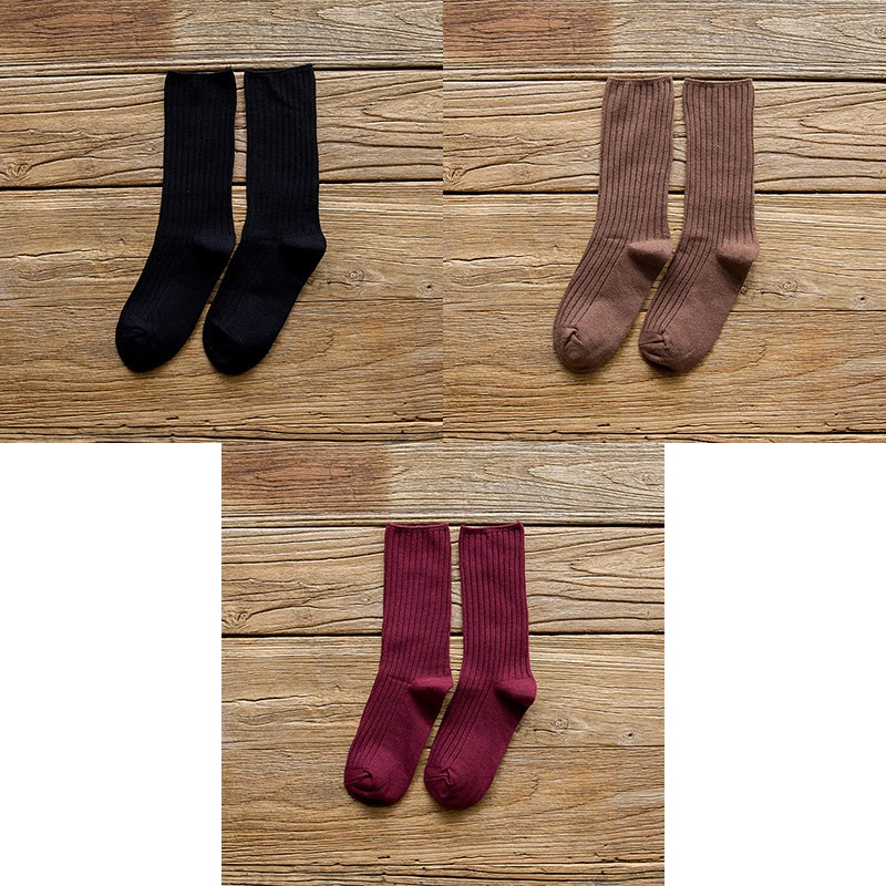 初愫3双装日系复古堆堆袜森系纯色女中筒袜 均码 黑/咖啡/酒红