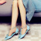 CAETIENT新款韩版女鞋子时尚尖头金属扣件中空脚环T字扣低跟粗跟凉鞋女学生侧空浅口单鞋 蓝色 #39