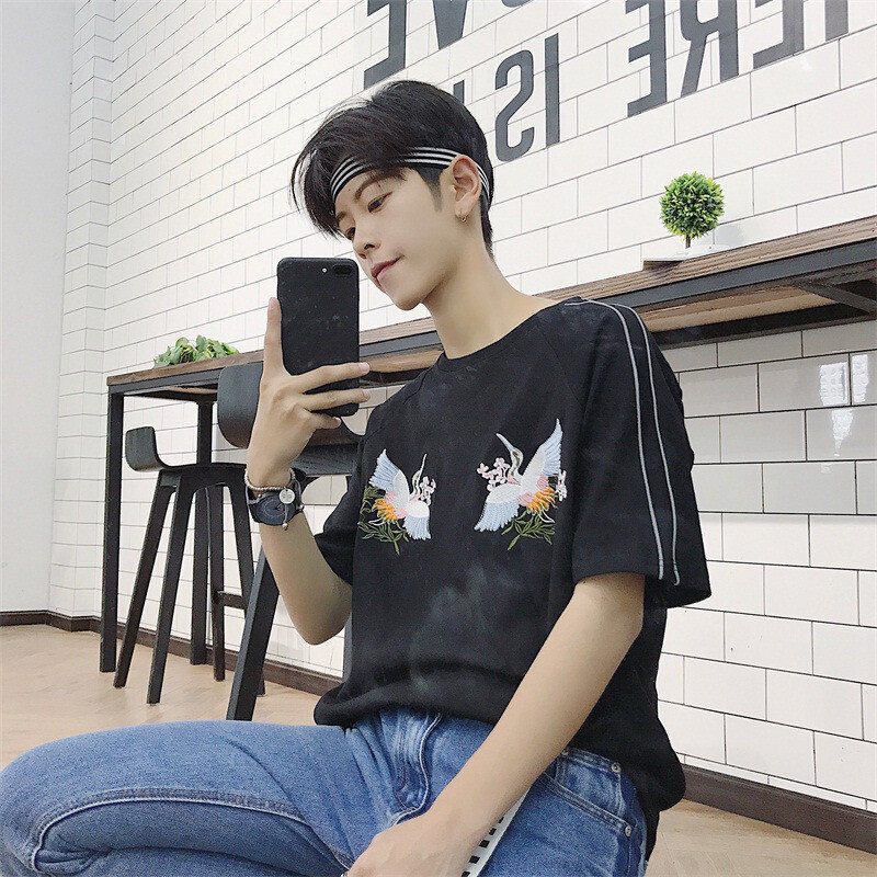 花花公子贵宾2017新款时尚文艺民族风绣花体恤衫短袖恤情侣 M 黑色