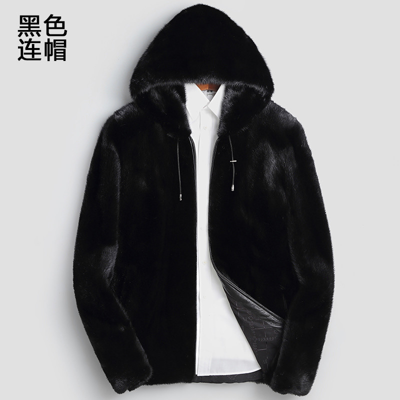2017冬季海宁貂皮大衣男士连帽短款水貂毛皮草男装整貂裘皮外套 165/M 黑色连帽