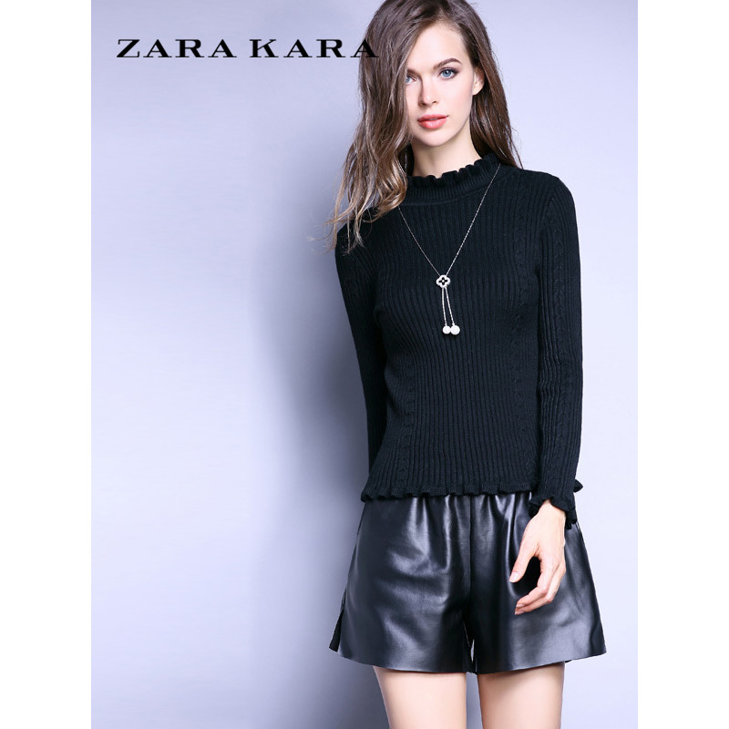 ZARAKARA针织衫女套头薄款毛衣套头衫紧身打底衫花瓣领秋季款B XL 黑色