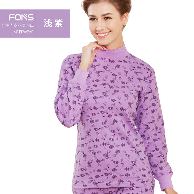 bw9新款纯棉中老年秋衣秋裤套装女中高领棉毛衫男半高领老人保暖内衣秋冬 3XL 女-1号浅紫