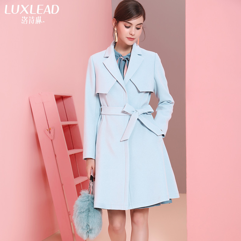 洛诗琳时尚西装领单排扣风衣中长款2017秋冬装新款女长袖通勤修身LDCO773070