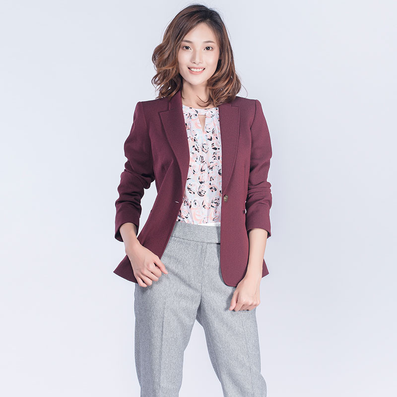 长城（Great Wall）酒红色经典西服领一粒扣收腰短外套女