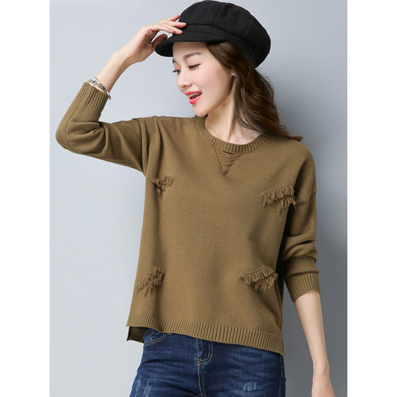 丝柏舍2017年秋装新款女装上衣休闲流苏装饰套头针织衫S74S0030M L 橄榄绿