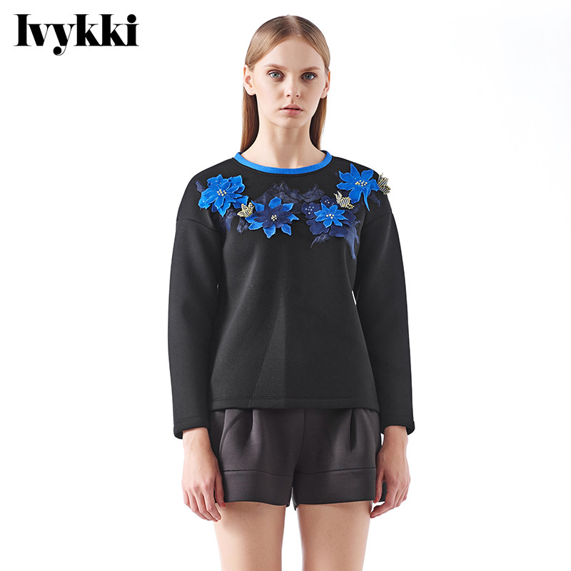 Ivykki艾维秋冬新品太空棉撞色T恤时尚显瘦卫衣上衣 36/S/160 0801黑色