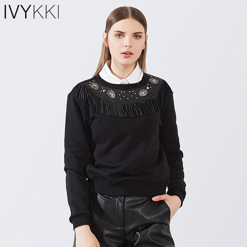 Ivykki艾维秋冬新款棉质卫衣女士纯棉宽松纯色春条长袖流苏上衣 0801黑 42/XL/175