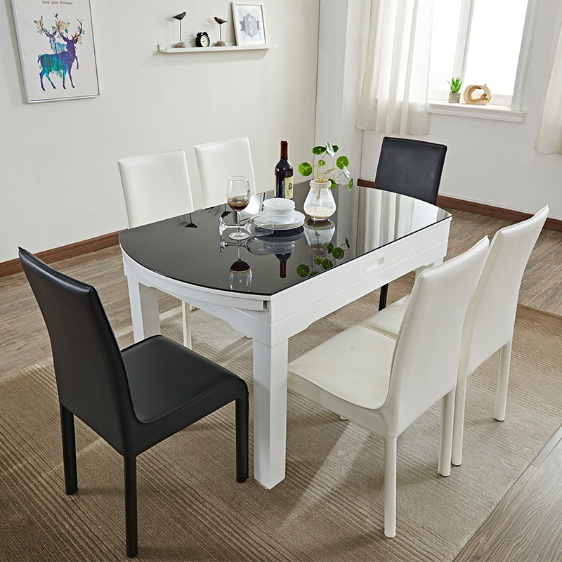 A家家具 餐桌 现代简约餐桌椅 钢化玻璃餐桌折叠伸缩圆餐桌椅组合 黑白拼色 B款单餐桌