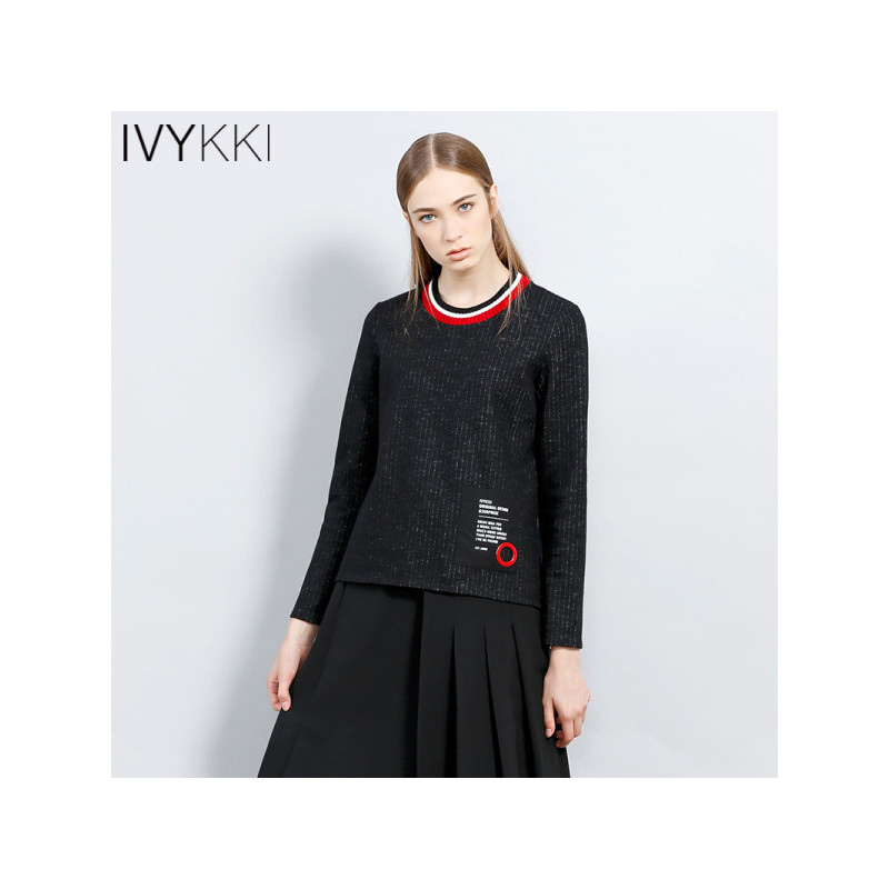 Ivykki艾维2017年秋季新款女装上衣长袖圆领短款毛衣针织衫套头衫 42/XL/175 0810黑条