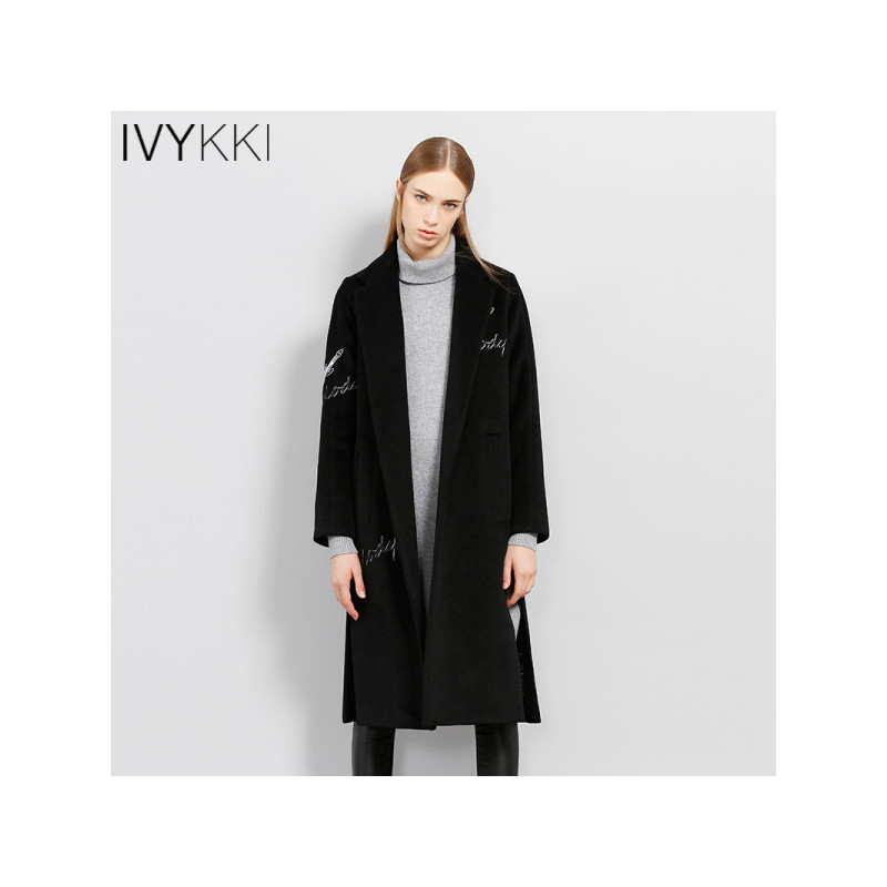 IVYKKI艾维2017秋冬新款女装外套绣花中长款英伦纯色休闲毛呢大衣_1 0801黑 42/XL/175