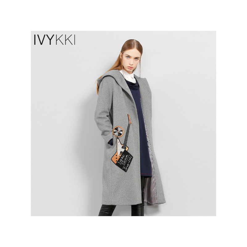 IVYKKI艾维2017秋冬新款女装外套中长款时尚连帽纯色绣花毛呢大衣_1 42/XL/175 0900花灰