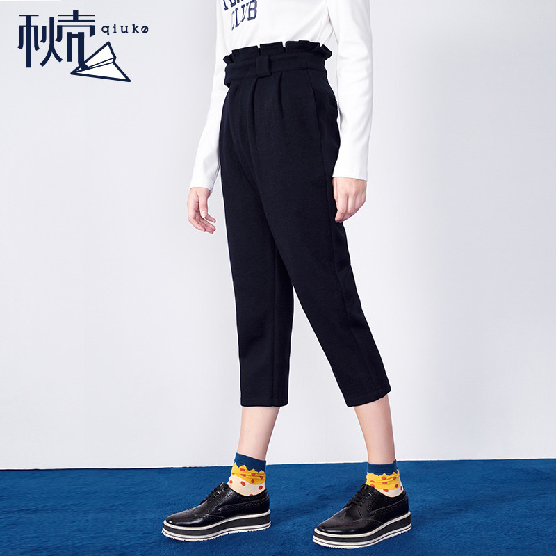 秋壳春装新款压褶高腰七分哈伦裤女外穿休闲裤子