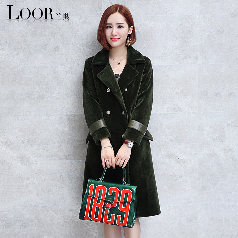 兰奥2017冬季新款长款羊剪绒皮草大衣女英伦款修身羊毛皮草外套女