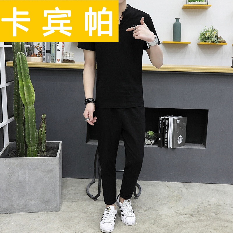 九分裤男韩版2017潮流修身夏季棉麻短袖中国