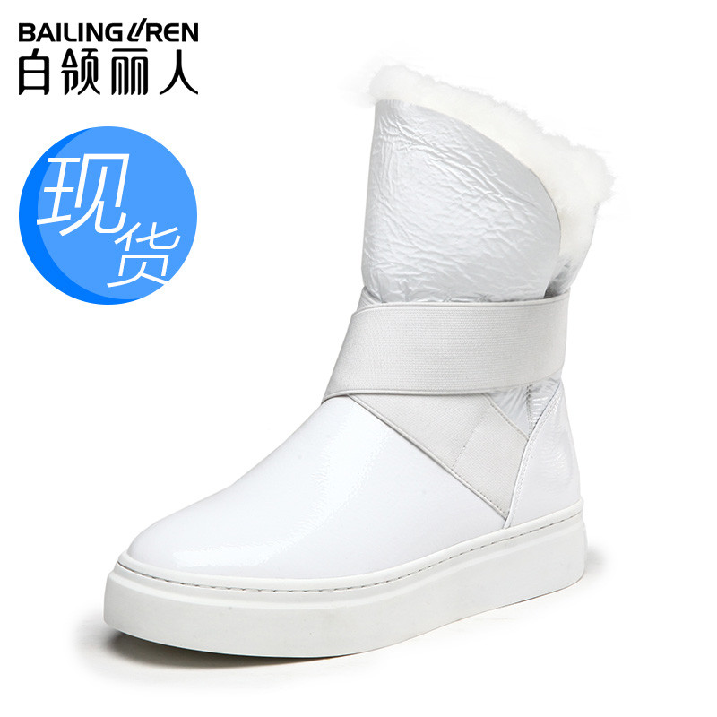 白领丽人秋冬新款羊毛真皮加绒雪地靴圆头松糕底女短靴 白色现货 38