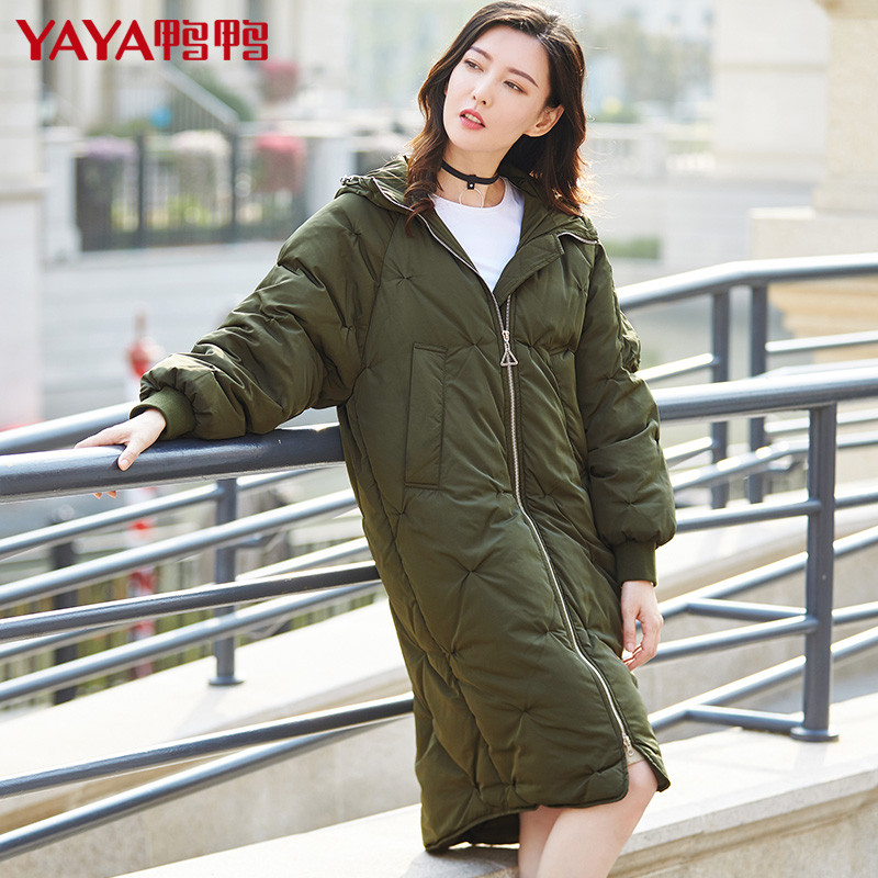 鸭鸭冬季新款女装韩版时尚外套连帽加厚羽绒服女长款B-57629_Nyw42 军绿 155/80A