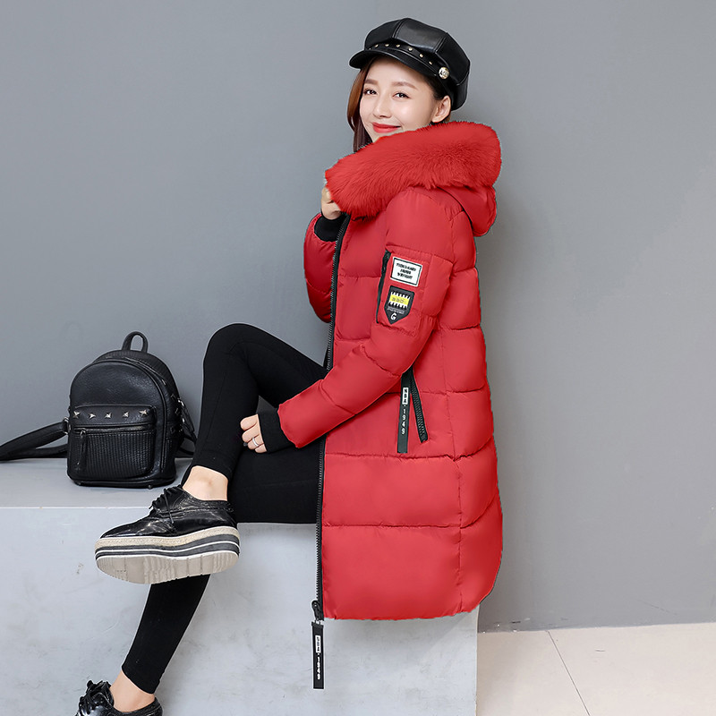 棉衣女中长款加厚款韩版修身连帽大毛领羽绒棉服大码棉袄外套_2 3XL 红色