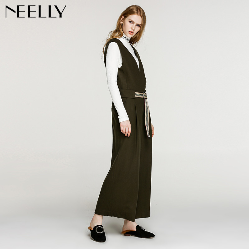 Neelly/纳俪2017冬季新款女厚宽松显瘦休闲百搭阔腿裤背带裤长裤 L 将军绿