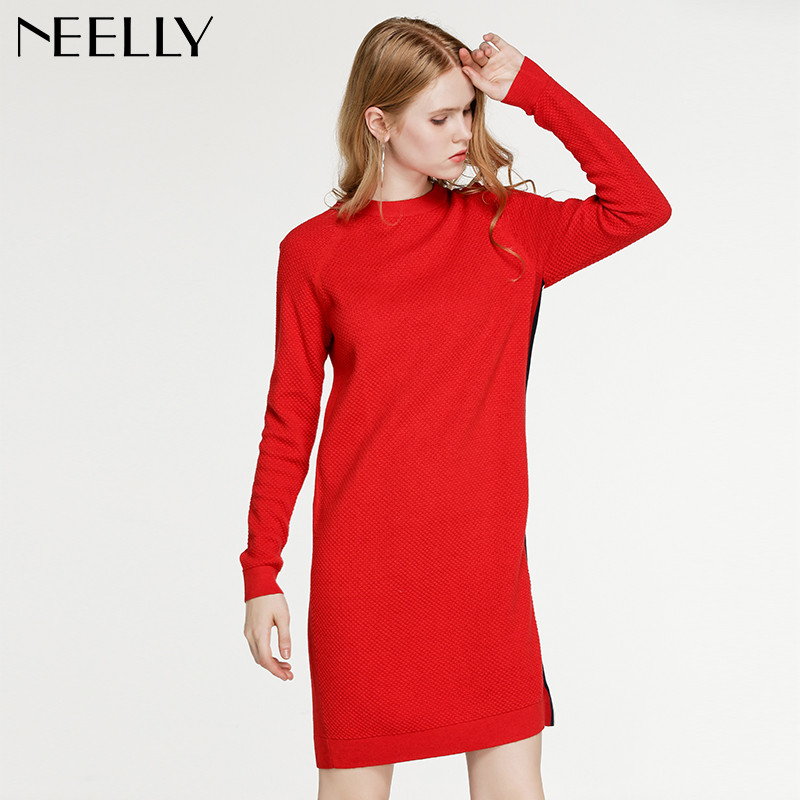Neelly纳俪2017冬装新款女纯色修身气质显瘦套头打底衫针织连衣裙 M 正红